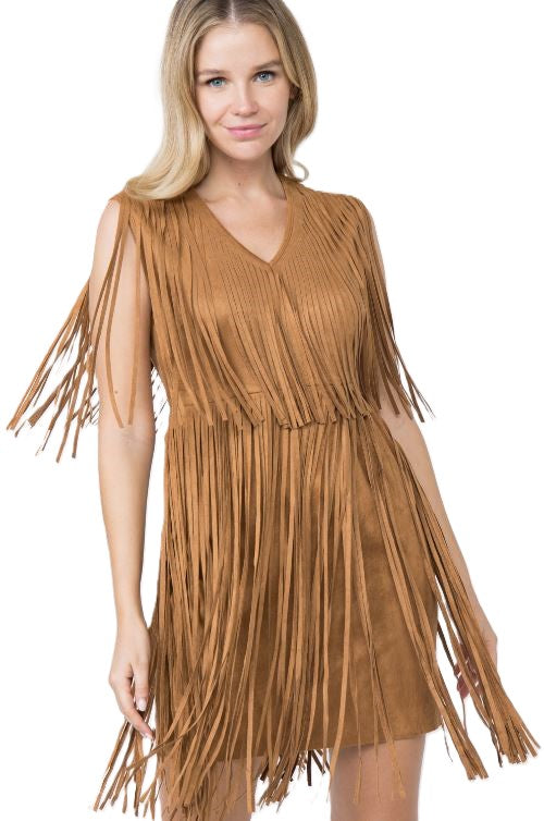 Vocal Apparel Camel Women's Suede Fringe Dress IM2010D-CAMEL