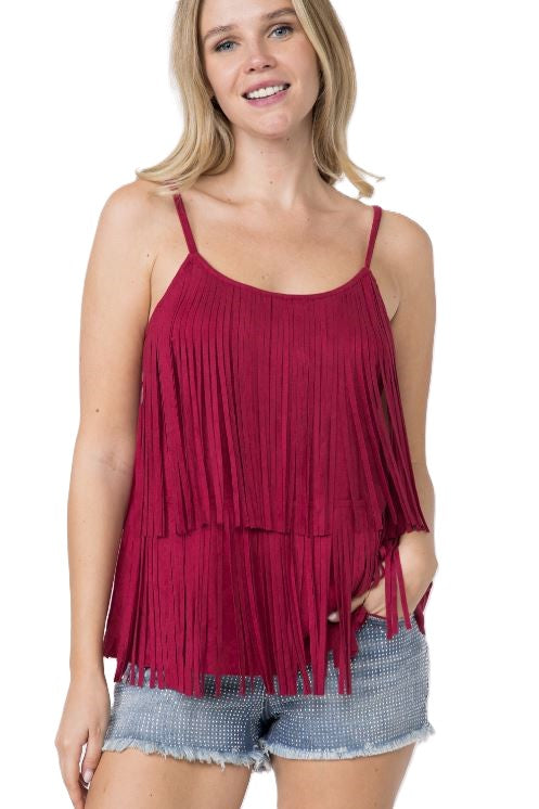 Vocal Apparel Burgundy Spaghetti Strap Cami Top with Fringe IM2012T-BURGUND