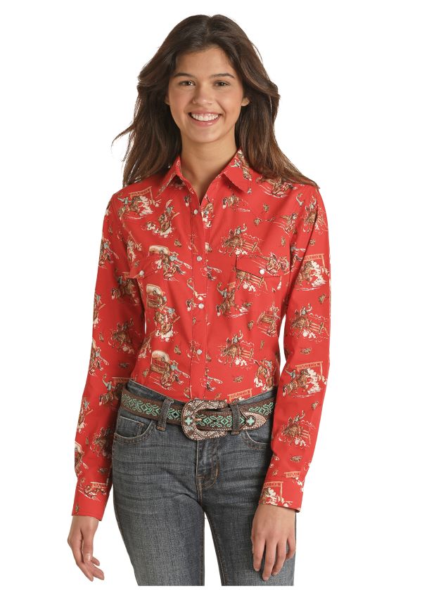 Panhandle Red Western Print Ladies Longsleeve Snap Blouse J2S2143