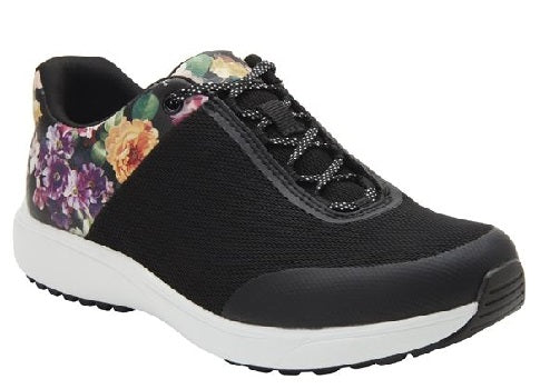 TRAQ by Alegria Women's Black w/Multi Color Flowers Comfort Lace-Up Walking Shoe JAU-5003