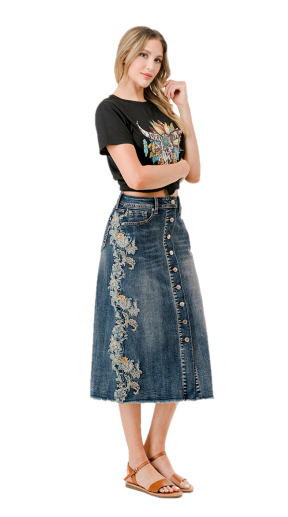 Grace in LA Medium Wash Button Front Women's Floral Midi Skirt JLK-81721