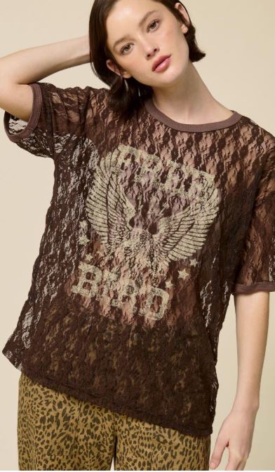 Zutter Brown Free Bird Lace Short Sleeve Women's Graphic T-Shirt K4323-8828-BRN