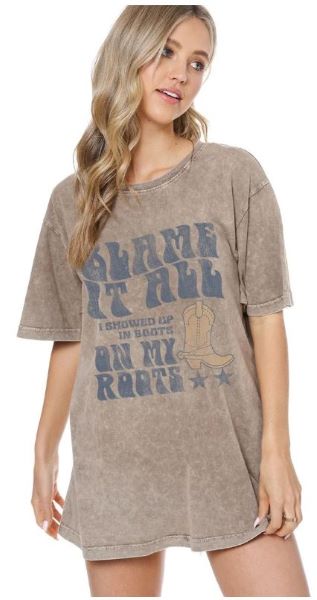 Zutter Mocha Vintage Acid Wash Blame it on My Roots Women's Tee Shirt K7777-1741-MOC