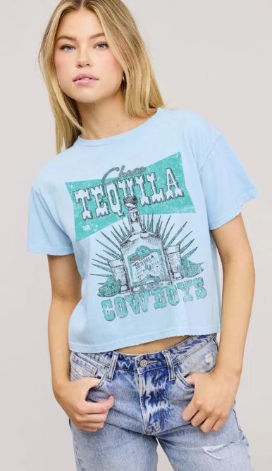 Zutter Light Blue Tequila Cowboys Women's Short Sleeve Crop Graphic T-Shirt K9377-8884-LTBL