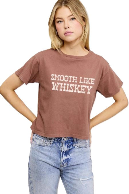 Zutter Brown Smooth Like Whiskey Women's Distressed Seamless Faux Crop Tee Shirt K9377-9332-BRN