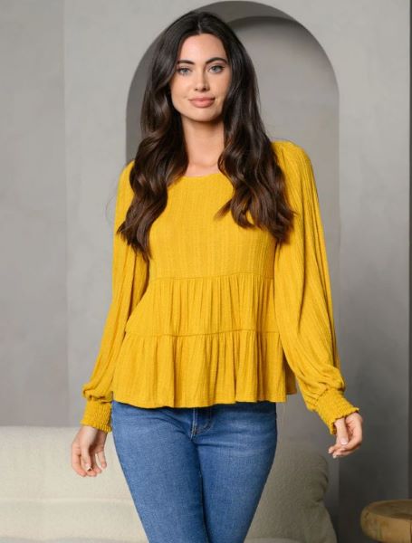 Mustard Long Sleeved Tiered Womens Peplum Top L-4-C-KT84150-0