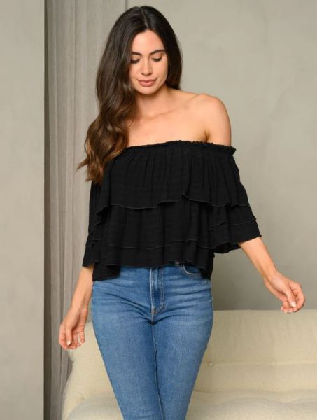 Black Off the Shoulder Womens Ruffle Top L-5-A-T3223-BLA