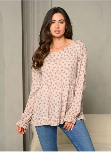 Taupe Ditsy Floral Print Longsleeve Babydoll Top L-8-B-WT2488-1
