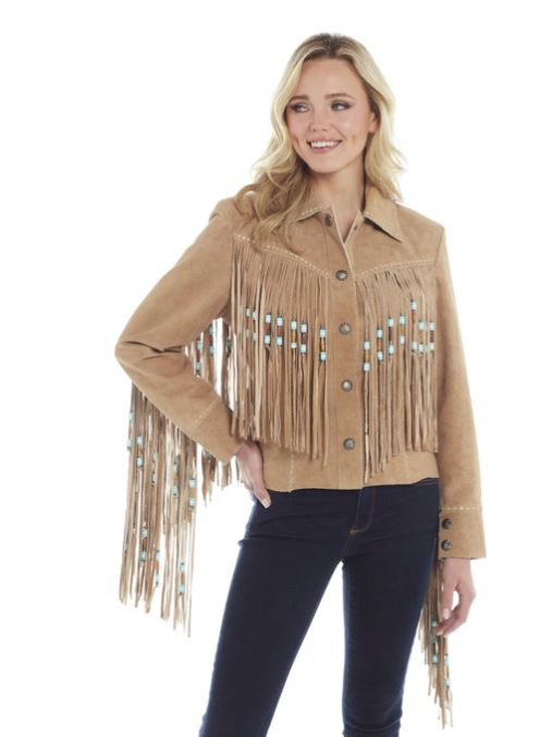 Cripple Creek Light Brown Women's Snap Front Suede Jack with Fringe and Beads LL21661-24