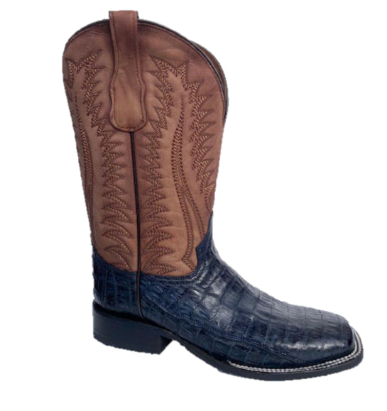 Circle G by Corral Navy Blue/Moka Men's 12 inch Caiman  Embroidery Wide Square Toe Men's Gator Western Boots L6053