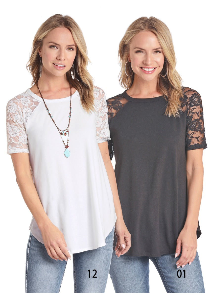 Panhandle Ladies Black Fashion Top with Lace Shoulders and Sleeves L9T4333-01