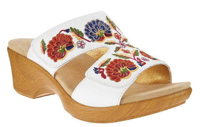 Alegria White Multi LINN Embroidered Leather Slip On Wedge Womens Sandals LIN-600