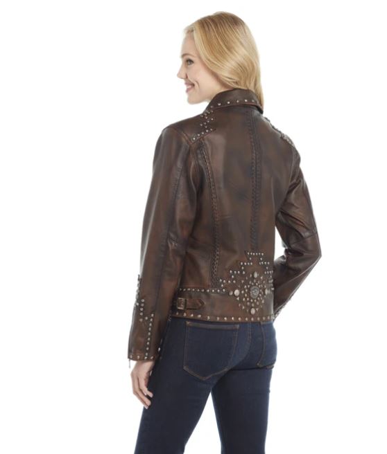 Cripple Creek Antique Brown Zip Front Nappa Lamb Front Jacket with Multi-Studded Back Band LL21263-94