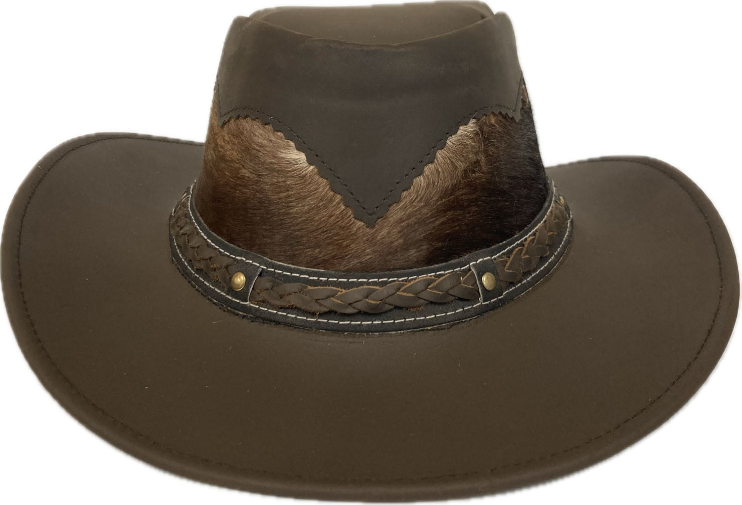 London Milan by Lebo's Brown Leather Men's Hat with Braided Hatband and Cowhide Inset LM-CHH5016