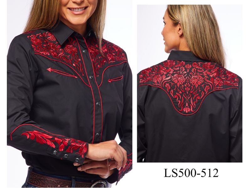 Rodeo Clothing Black with Red Floral Embroidery Ladies Western Snap Shirt LS500-512