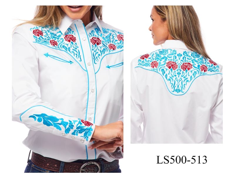 Rodeo Clothing White Ladies Long Sleeve Snap Shirt With Floral Embroidery LS500-513
