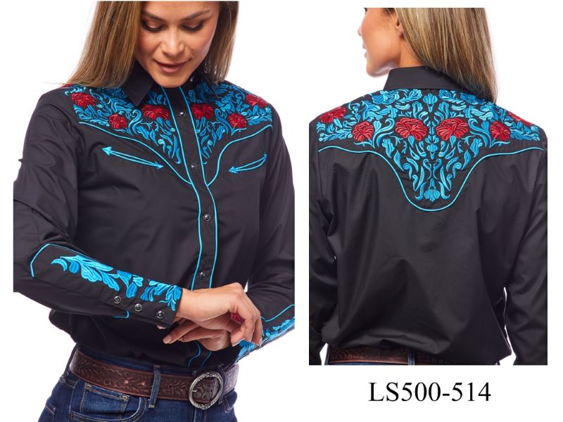 Rodeo Clothing Black with Red/Turquoise Floral Embroidery Womens Longsleeve Snap Shirt LS500-514