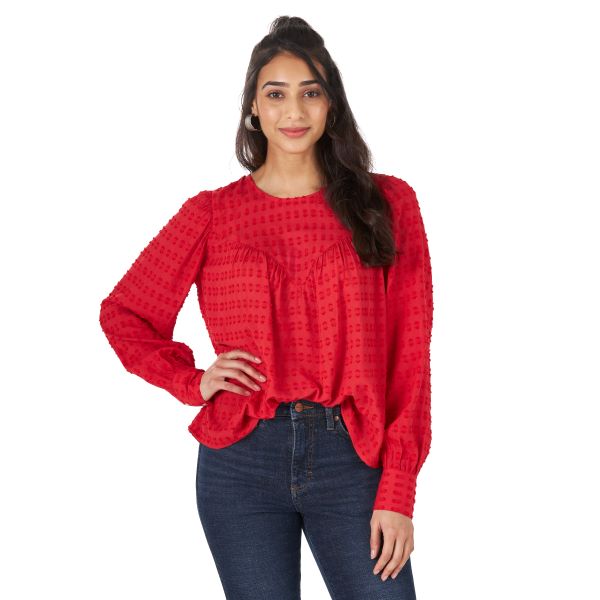 Wrangler Red Retro Western Yoke Swiss Dot Blouse with Snap Cuffs LW4000R