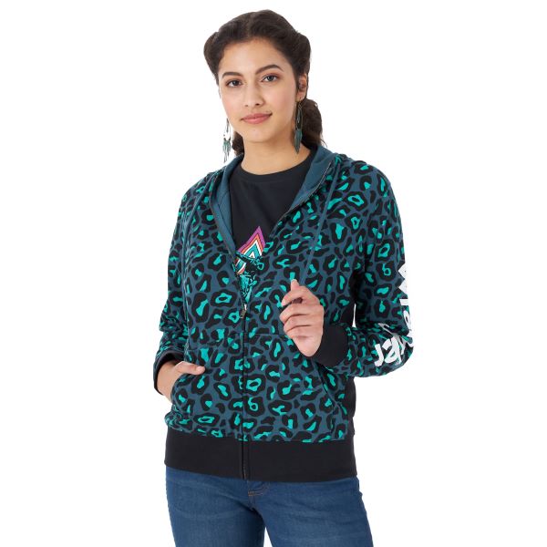 Wrangler Teal Animal Print Ladies Zip Hoodie with Sleeve Logo LWK496M