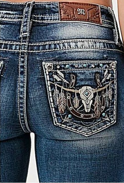 Miss Me Dark Blue Feathery Longhorn Horseshoe Womens Mid-Rise Bootcut Jean M3771B