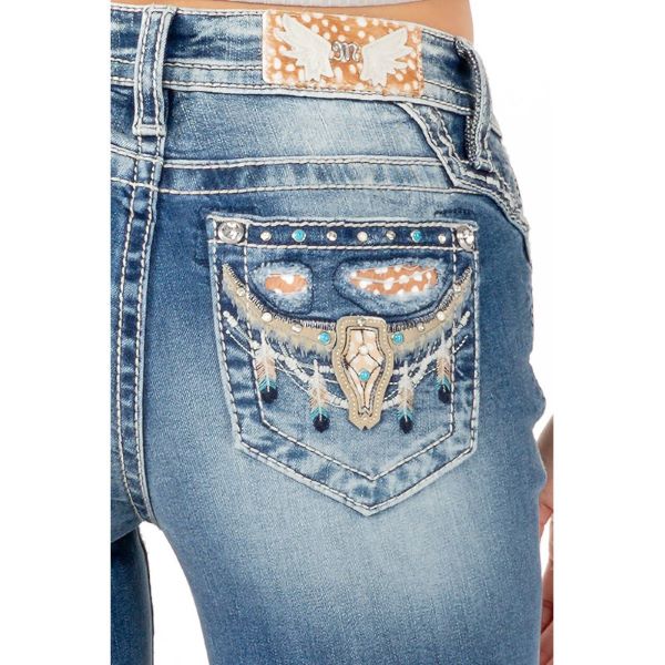 Miss Me Medium Blue Wash Longhorn Skull with Feathers Mid-Rise Bootcut Jeans M3857B