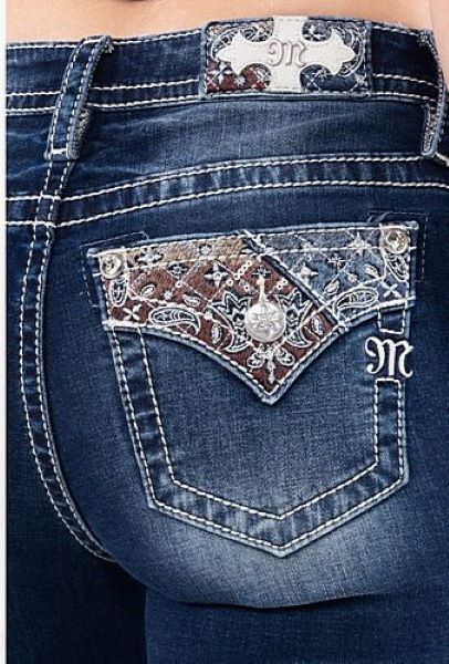 Miss Me Dark Wash Paisley Pocket Flaps Mid Rise Boot Cut Women's Jeans M3918B