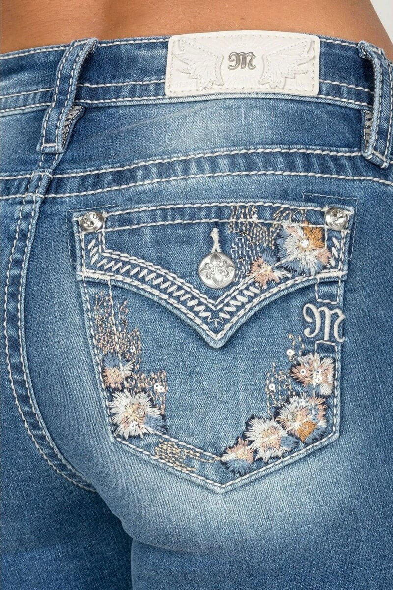 Miss Me Medium Wash 32 inch Mid-Rise Bootcut Floral Border Pocket  Women's Jeans M9295BV