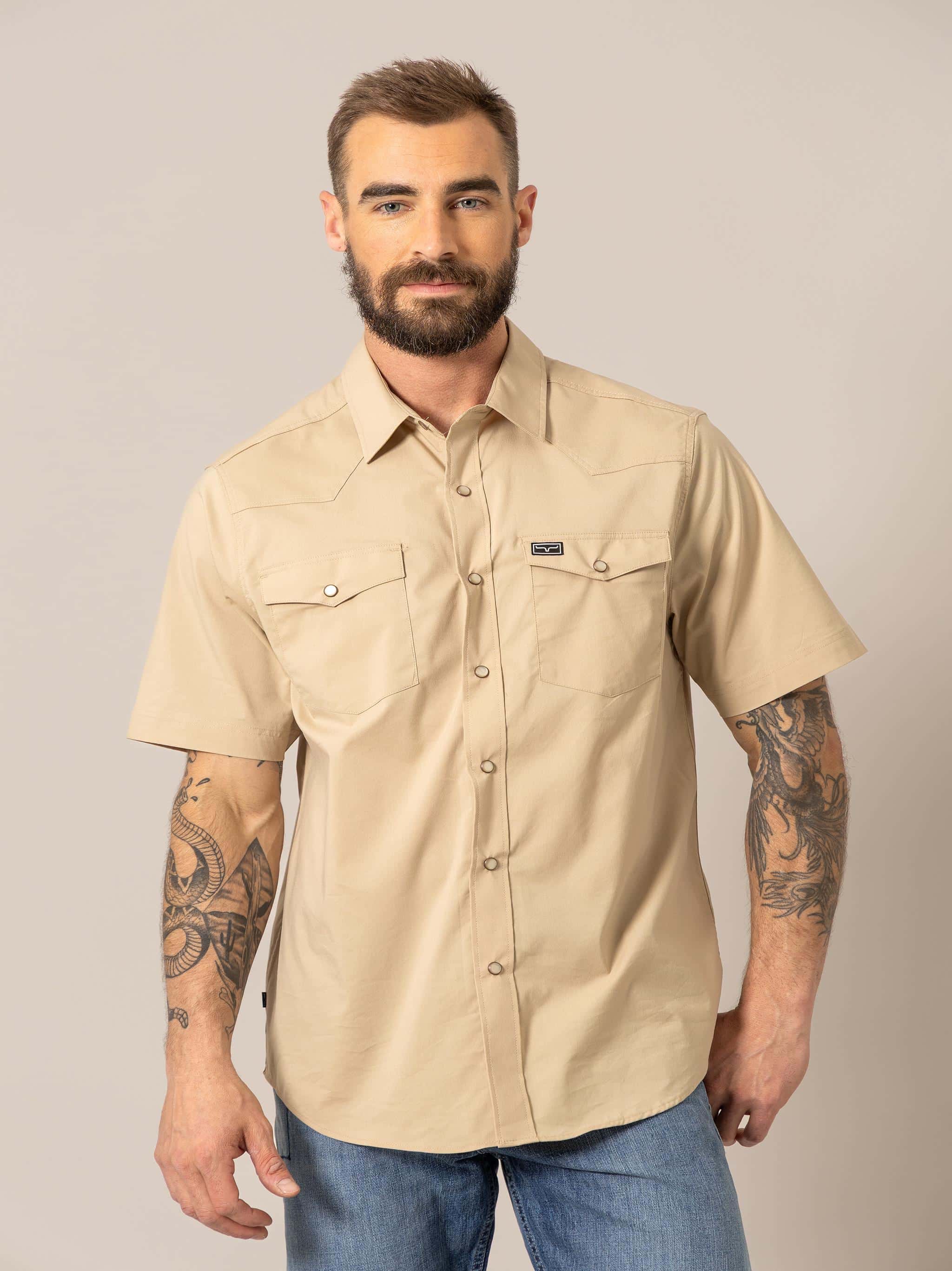 Kimes Ranch Light Khaki Men's Short Sleeve Woven Snap Dress Shirt MDS0000031