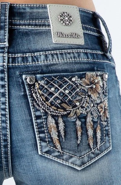 Miss Me Women's Feather Dreams Bootcut Jeans - Mid-Rise, Stretch Denim, Embroidered Floral & Stud Detail