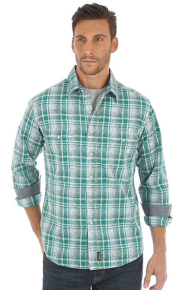 Wrangler Green/White Retro Long Sleeve Western Snap Overprint Mens Shirt MVR429M