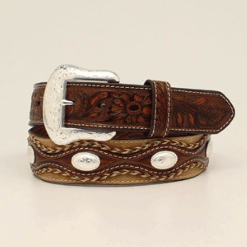 Nocona Tan Men's Floral Embossed Leather Belt with Oval Conchos N210005008
