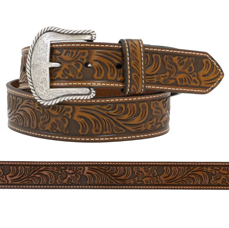 Nocona Tan Men's Western Belt with Tooled Leather Strap and Removable Etched Buckle N2446008