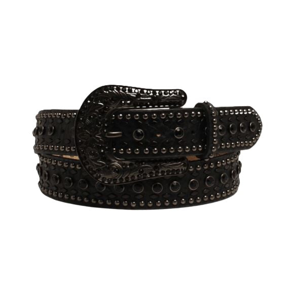Black Leather Rhinestone Accent Belt with Black Rhinestone Buckle N3410201