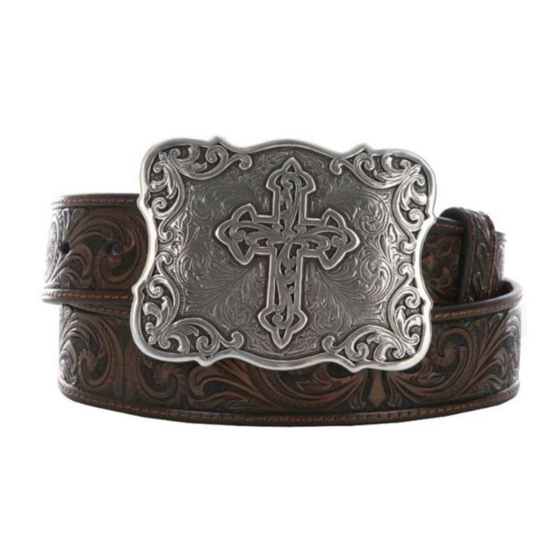 Nocona Brown Leather Belt with Tooled Pattern and Large Cross Buckle N3483802