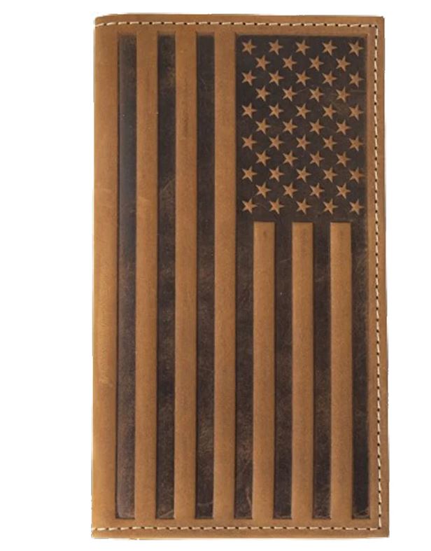 Nocona Brown Genuine Aged Bark Leather Men's Rodeo Style Wallet with Embossed Flag Design N500044102