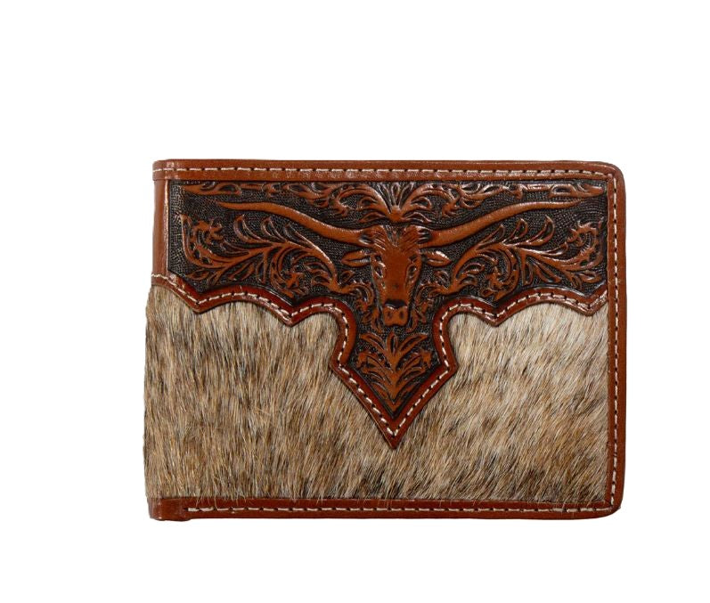 Nocona Brown Men's Calf Hair Billfold Wallet with Removable Passcase and Embossed Longhorn Overlay N500048302