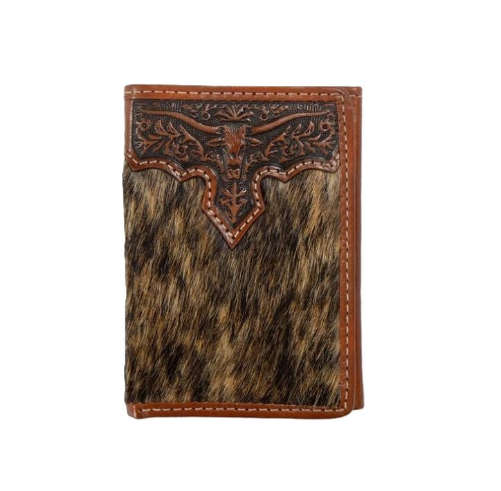 Nocona Brown Trifold Style Men's Calf Hair Wallet with Embossed Longhorn Overlay N500048402