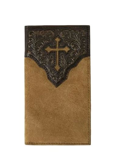Nocona Tan Rodeo Style Genuine Leather Wallet with Floral Embossing and Engraved Cross N5413508