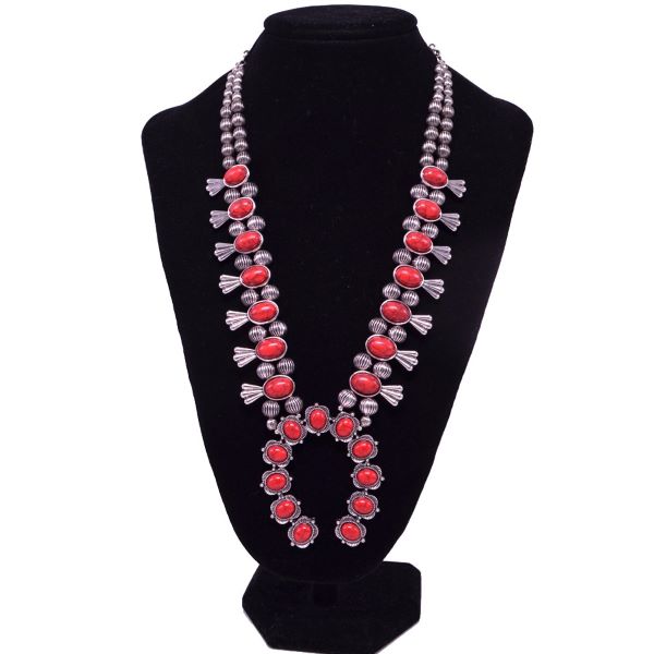 Crooked Fence Silver Plated Squash Blossom Necklace with Red Turquoise Stones NKY180525-02