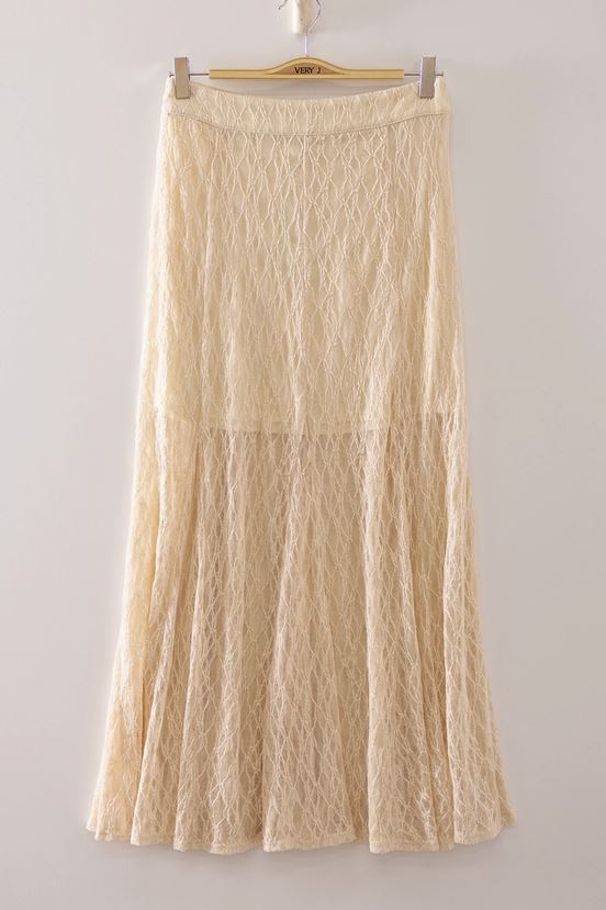 Very J Champagne Sheer Lace Crinkle Maxi Skirt With Elastic Waist NS50234