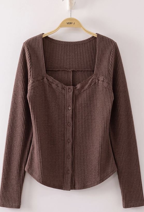 Very J Chocolate Lace Trim Button Front Waffle Top NT12719