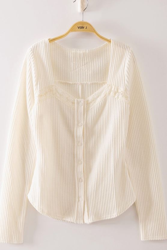 Very J Cream Lace Trim Button Front Waffle Top NT12719