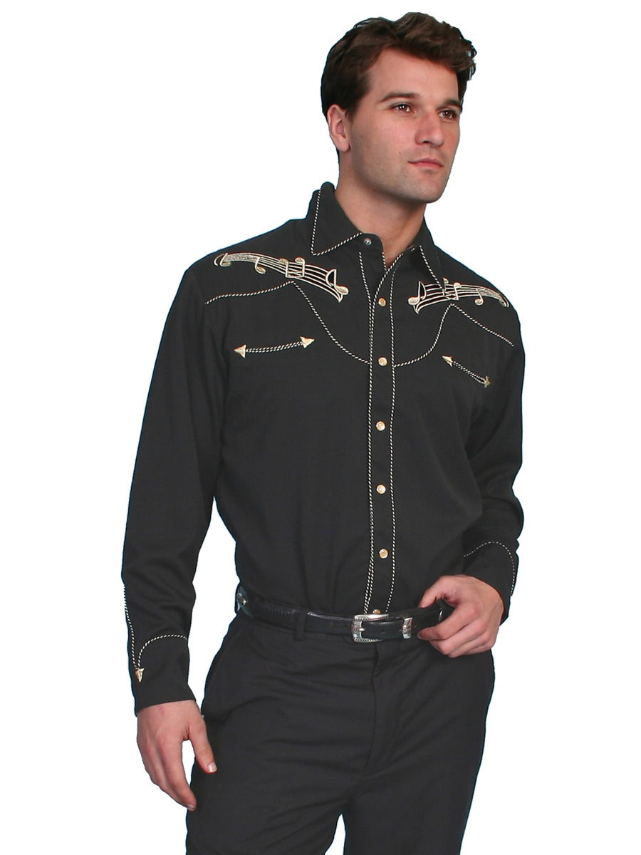 Scully Gold Embroidered Musical Note Snap Front Shirt   P637 BLK   ***Online Only