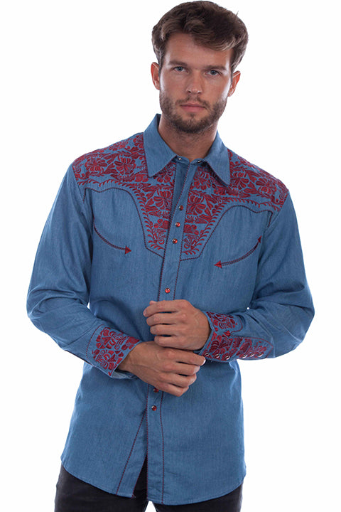 Scully Blue Cranberry Men's Long Sleeve Snap Front Tooled Embroidered Shirt  P-634