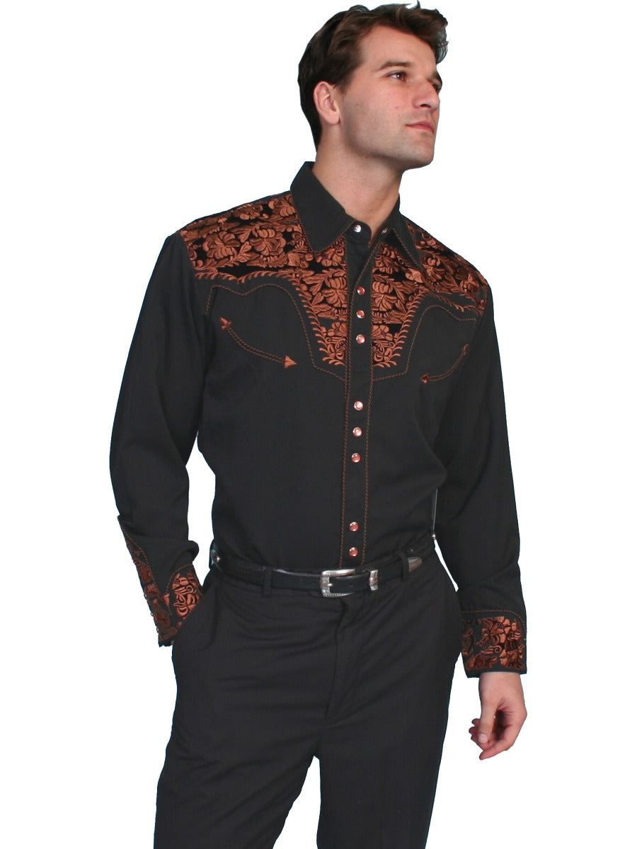 Scully Black Men's Long Sleeve Snap Front Tooled Embroidered Shirt  P-634