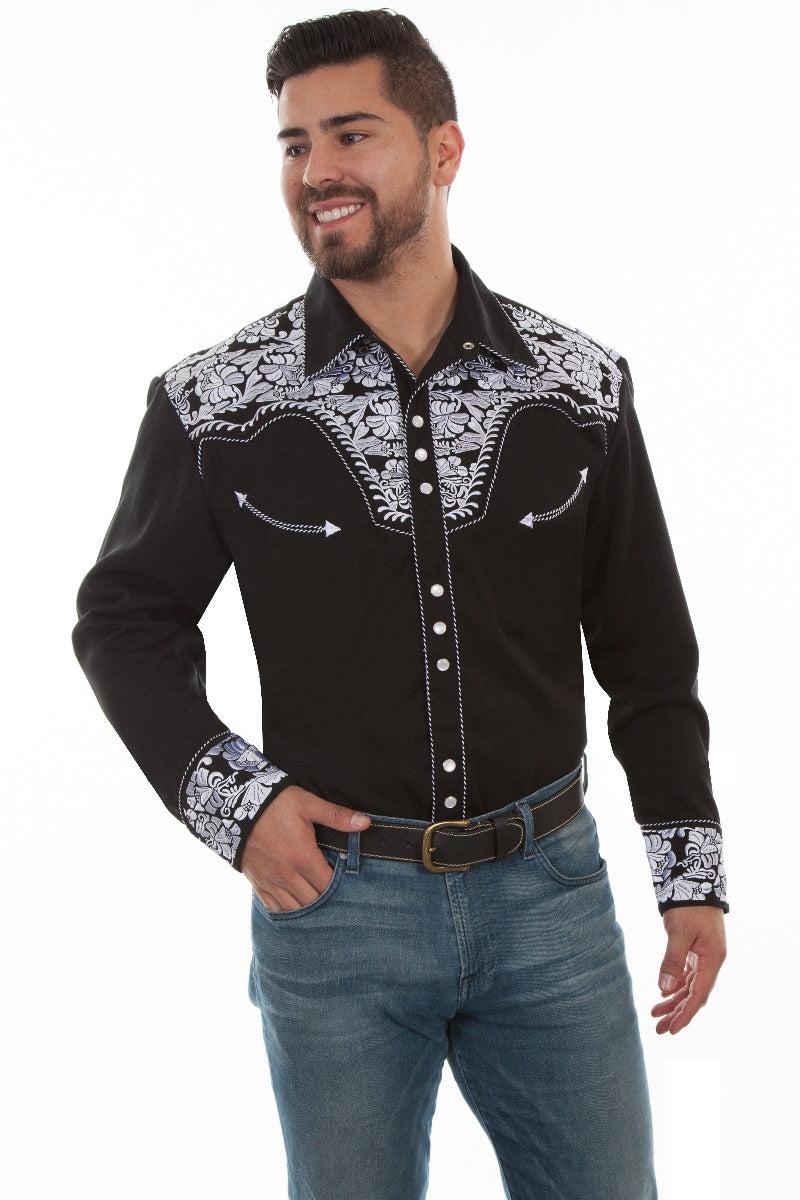 Scully Black White Men's Long Sleeve Snap Front Tooled Embroidered Shirt  P-634