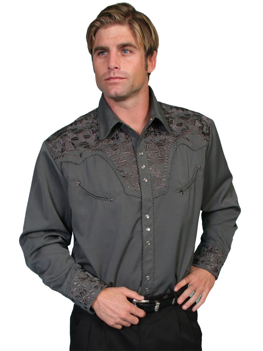 Scully Charcoal Men's Long Sleeve Snap Front Tooled Embroidered Shirt  P-634