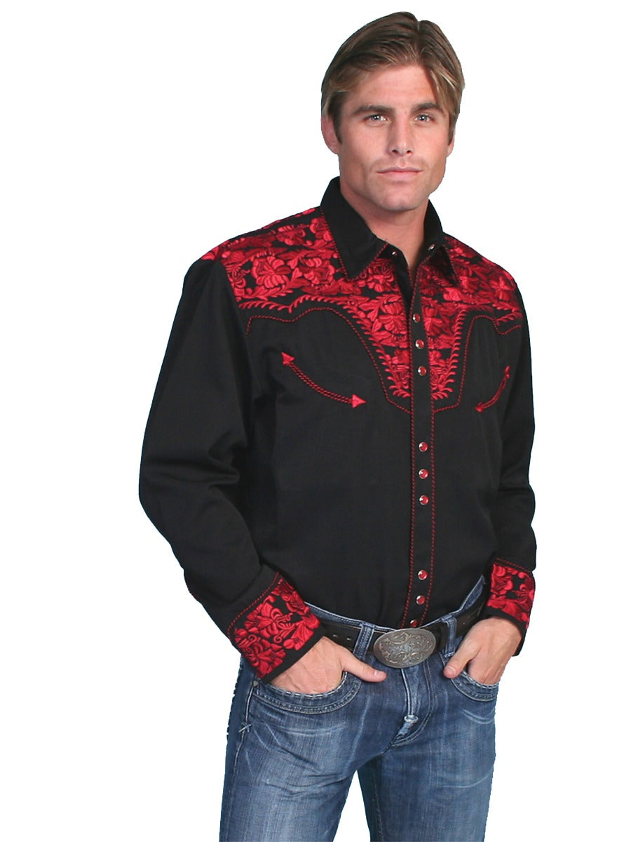 Scully Crimson Men's Long Sleeve Snap Front Tooled Embroidered Shirt  P-634