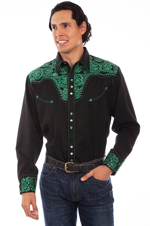 Scully Emerald Men's Long Sleeve Snap Frontl Tooled Embroidered Shirt  P-634