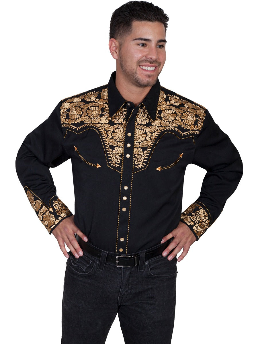 Scully Gold Men's Long Sleeve Snap Frontl Tooled Embroidered Shirt  P-634